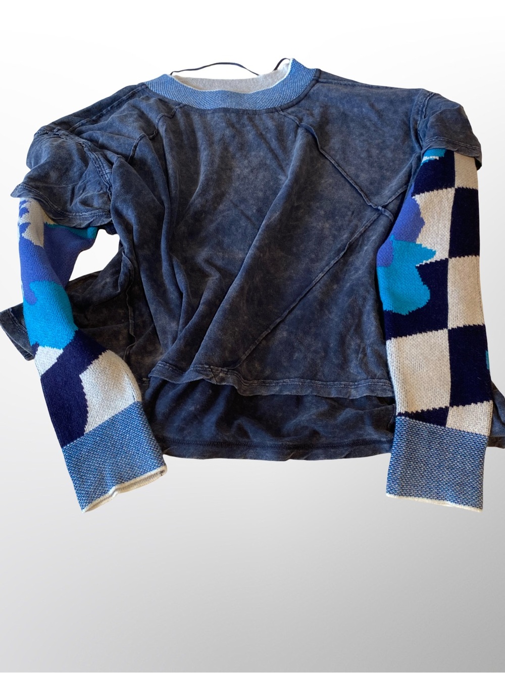 We The Free Washed Navy Crewneck Sweater with Geometric Blue Block Sleeves